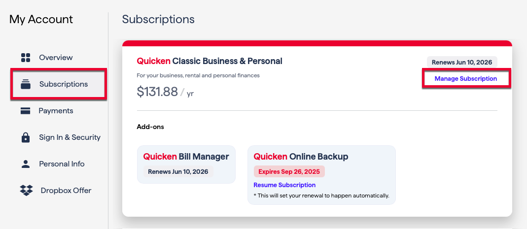 QuickenMyAccountManage_support